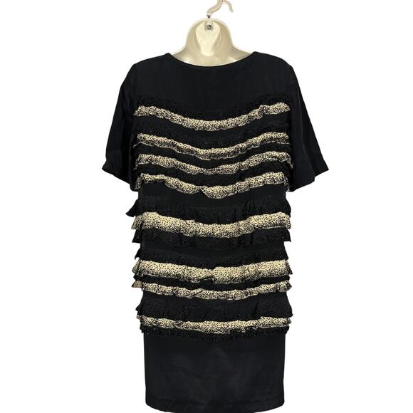 Tory Burch Beaded Silk Dress Tiered Sheath Black Tan Short Sleeve Heavy - 6 - Picture 2 of 11